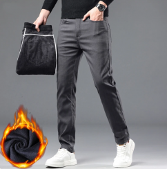 2Pcs Mens Winter Fleece Casual Pants Warm Straight Fit Business Trousers